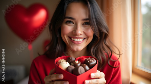 happy woman with a bright smile and sparkling eyes, holding a heart-shaped box of assorted chocolates, surrounded by soft natural light, warm colors, and a romantic atmosphere, capturing a joyful life