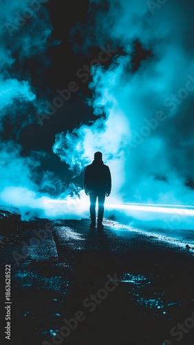 Silhouette of a Confident Person Standing with Cyan Backlight
