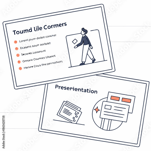 A person walking with presentation slides on a white background