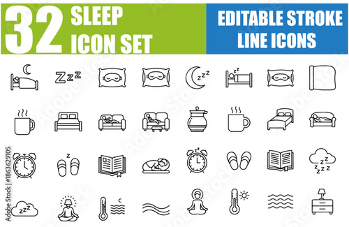 Sleep Icon Set - Bedroom, Dream, Pillow, Sleeping, Earplugs, Moon, Rest, Lullaby, Night, Insomnia, Bed, Alarm Clock, Bedtime, Nap, Relaxation and More - Editable Line Icons, Vector Illustration for Ad