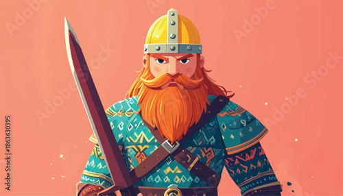 Viking Warrior with Sword and Helmet in Cartoon Style.