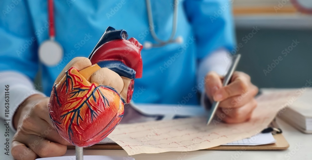 Ταπετσαρία Doctor cardiologist examining electrocardiogram of artificial model of heart
