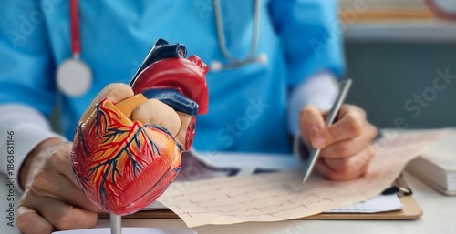 Foto Doctor cardiologist examining electrocardiogram of artificial model of heart