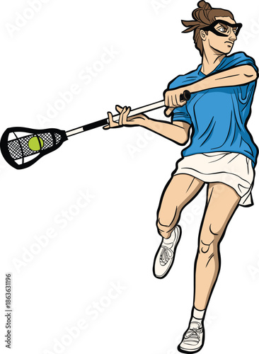 female lacrosse player running and cradling the ball with a stick