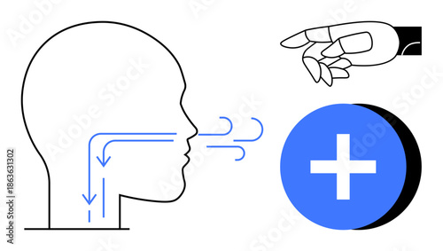 Healthcare concept. Modern healthcare visuals combining human breath flow, robotics, and medical cross for innovation in medicine. Healthcare progressing via technology and AI. Applications in