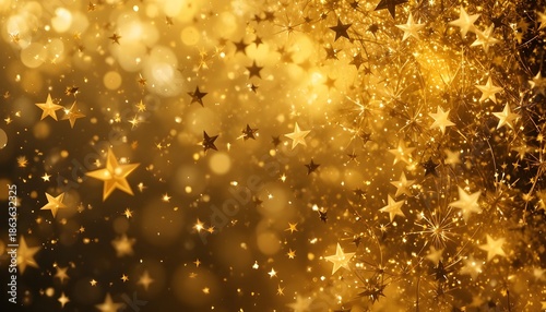 Gold glitter stars and stardust particles on transparent background with magical festive luxury light effects