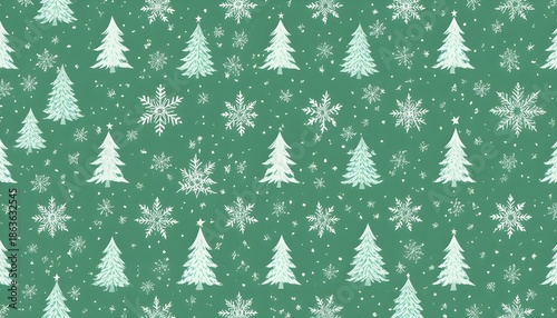 Green Christmas seamless background with snowflakes and trees festive wrapping paper holiday pattern
