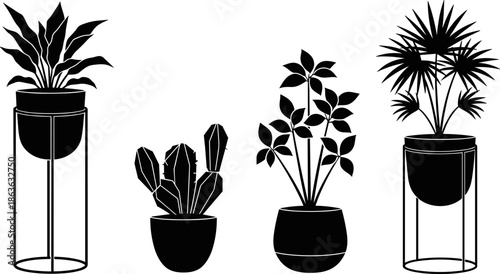 Potted plant silhouette set, indoor greenery icons, cactus, leafy stems, fan leaves, black vector, minimalist houseplants, decorative pots, home decor