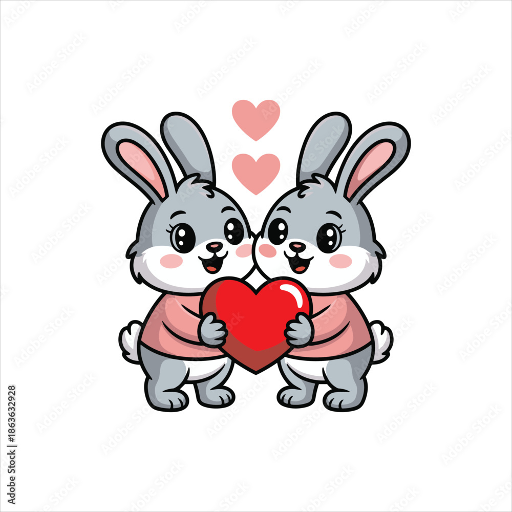 Fototapeta premium Cute Bunny Couple Holding Heart Valentine Cartoon Illustration