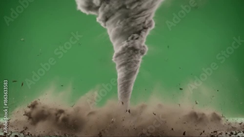 A powerful tornado swirling dust and debris against a green screen background, symbolizing natural disasters and extreme weather events.