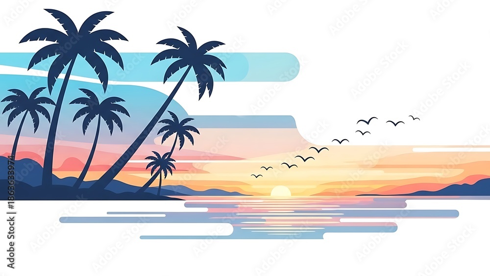 Fototapeta premium Tropical Island Sunset with Palm Trees and Birds.
