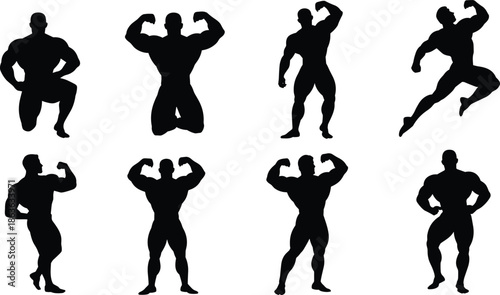 Black Silhouettes of Muscular Bodybuilders in Classic Poses Showcasing Strength, Physique, and Symmetry for Fitness, Competition, and Gym-Themed Visual Content