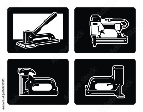 A set of black and white staple guns icons, alongside a hole puncher. tool icons