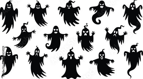 Black Silhouettes of Spooky Ghosts in Various Expressions and Shapes — Halloween-Themed Collection for Seasonal, Decorative, and Educational Design Use