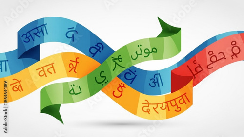 Vibrant colorful ribbons with foreign language scripts intertwined on white background for global communication and diversity concepts with multilingual