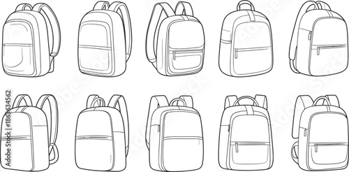 Backpack outline icon set featuring modern school and travel bags, minimalist line art vector illustration collection for fashion, accessories and product design