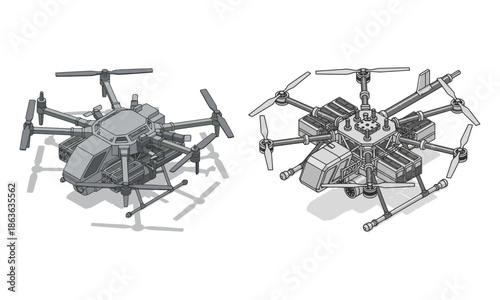 Set of versatile drone technology icons depicting advanced uav designs with multiple rotors and integrated components.