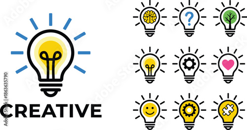 Creative light bulb icons, innovation concept, idea generation, problem solving, emotional intelligence, curiosity, growth, productivity, design thinking