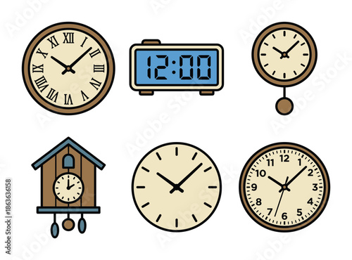 Assorted clock vector set showcasing various clock types like Roman numeral clocks and a digital display clock.