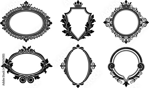 Vintage frame icon set, crown and scrollwork designs, floral and shield shapes, black vector, decorative border, classical silhouette