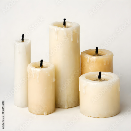 The five handmade candles standing close together, just extinguished, with melted wax and blackened burnt wicks.   On the white background. A calm, quiet mood, pause, mindfulness.