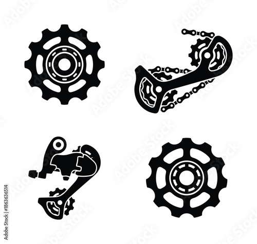 Bike derailleur components and sprocket set in black silhouette. Mechanical bicycle parts detail.