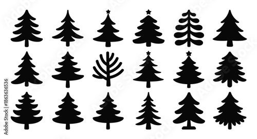 Collection of 20 Unique Black Christmas Tree Silhouettes with Artistic Designs for Holiday Decor, Graphic Inspiration, and Seasonal Creative Projects