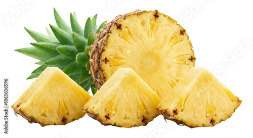 Fresh Pineapple Slices and Whole Fruit Isolated on White Background