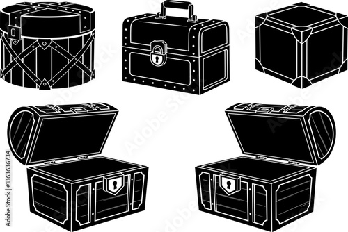 Treasure chest silhouette set, vintage containers, open lid boxes, pirate loot, storage icons, black and white vector, game assets, toolbox shapes