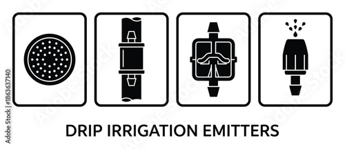 Black and white illustrations of drip irrigation emitters, including sprinkler, barb, flow regulator, spray nozzle.
