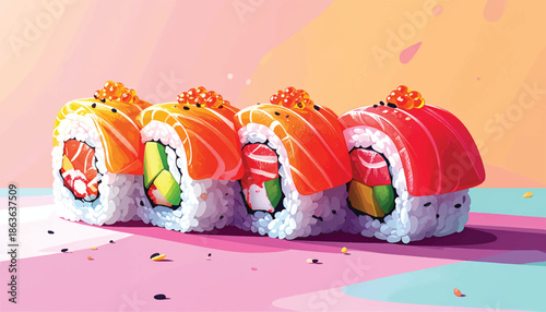 Vibrant Sushi Rolls with Salmon and Avocado.