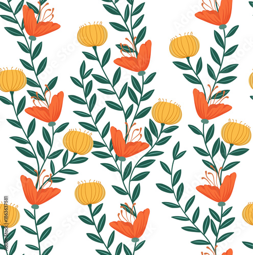 Seamless repeating floral pattern design with wild flowers. Ideal for fabric or wallpaper, wrapping paper, stationery and textiles