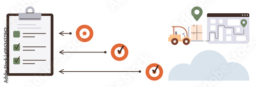 Logistics, supply chain, delivery tracking, process optimization, inventory management, warehouse logistics. Checklist with arrows pointing to icons of a truck and path. Logistics and supply chain
