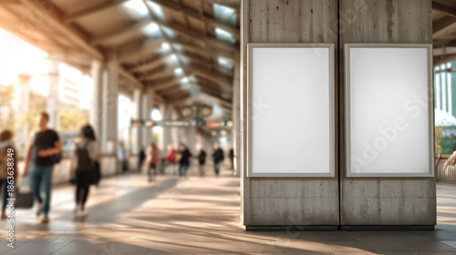 Two blank billboards at a train station with city buildings in the background at sunset. Two empty advertising panels stand next to train tracks, with a blurred urban skyline and warm sunlight.