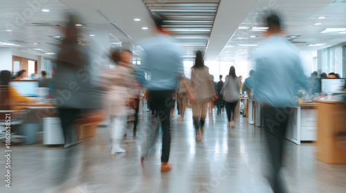 Blurred motion of people walking in a modern office hallway with bright overhead lights. A busy office environment with blurred figures of employees moving through a contemporary corridor.