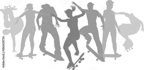 A group of skateboarders women and men or girls and boys, male and female skateboarders in silhouette.