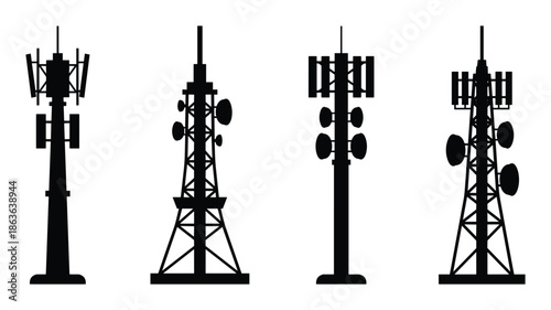 Black silhouettes of four different communication towers isolated on white background. Radio tower vector illustration.