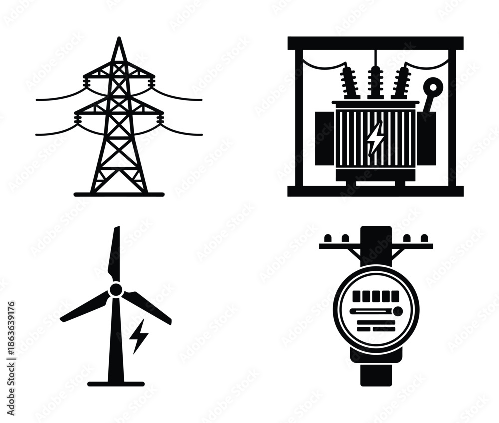 Fototapeta premium Black vector icons for electricity power generation and distribution element symbols isolated on a white background.