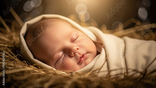 Peaceful Newborn Baby Sleeping in a Hay Manger, Nativity Scene Representation of Baby Jesus Birth with Divine Light and Soft Bokeh