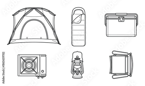 Camping gear line art. Includes a tent, sleeping bag, cooler, stove, lantern, and folding chair for outdoor adventures.