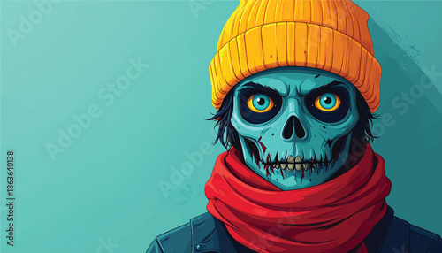 Stylized Zombie Portrait with Beanie and Scarf in Teal.