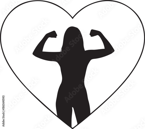 Silhouette of a strong woman flexing muscles inside a heart shape
