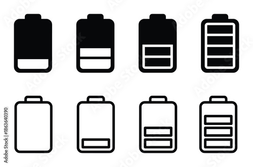 Collection of battery level indicators icons showing full, low, empty power status in black and white style.