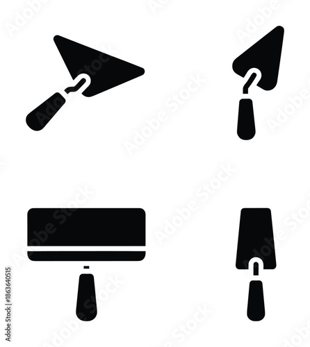 Collection of black trowel icons, construction tools for plastering and masonry work, construction equipment.