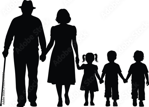 Extended family silhouettes walking together grandparents parents children holding hands generations love care bonding lifestyle vector illustration isolated black