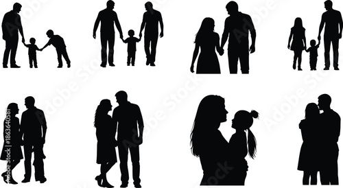 Family couple silhouettes set showing parents children love bonding walking standing relationships lifestyle vector illustration collection modern black isolated design