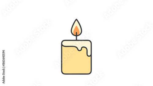 A lit candle with a yellow wax body and a single flame stands alone on a white background