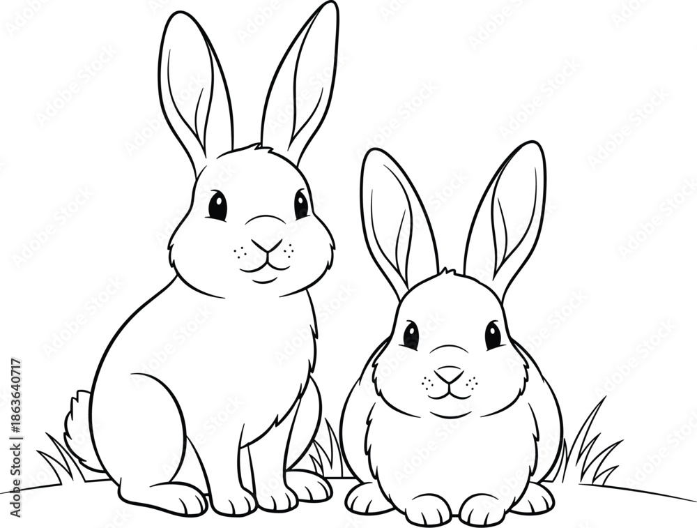 Fototapeta premium Rabbit, family, coloring, page, cute, bunnies, sitting, in, grass, line, art, illustration, vector, bunny, outline, animal, nature, forest, wildlife, activity, for, kids, children, garden
