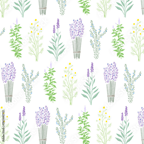 5種類のハーブの手書きシームレスパターン（ラベンダー、ローズマリー、ミント、カモミール、セージ）