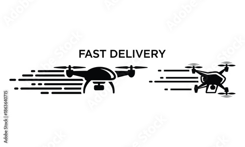 Set of stylized black drone technology icons representing fast aerial delivery services